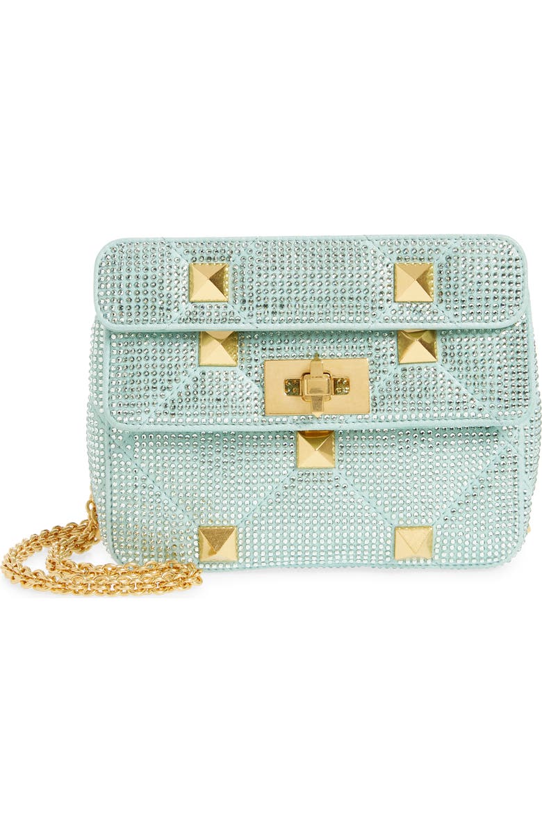 Valentino Garavani Small Roman Stud Crystal Embellished Matelassé Suede Shoulder Bag, Main, color,