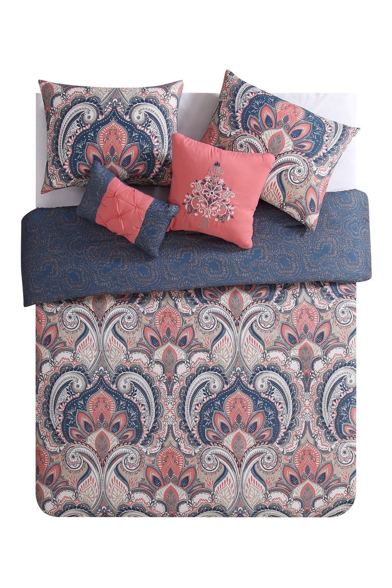 Damask Reversible Comforter Set - Full/Queen, Main, color, CORAL