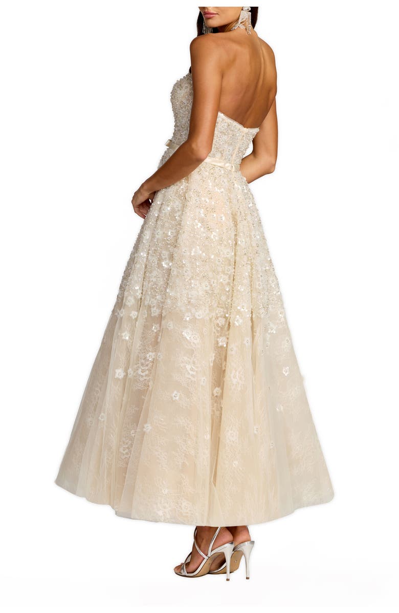 Mac Duggal Sequin Floral Strapless A Line Midi Dress, Alternate, color, Oyster