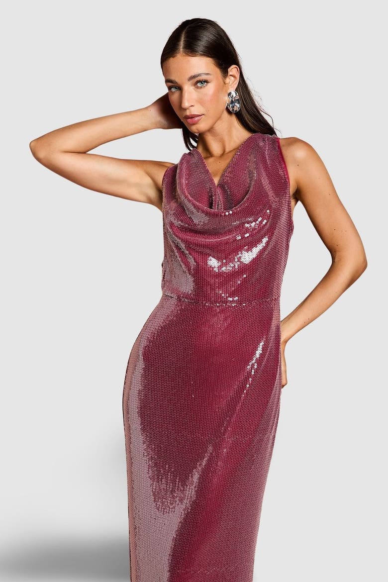 Cowl Front Halter Sequin Maxi Dress, Alternate, color, Plum