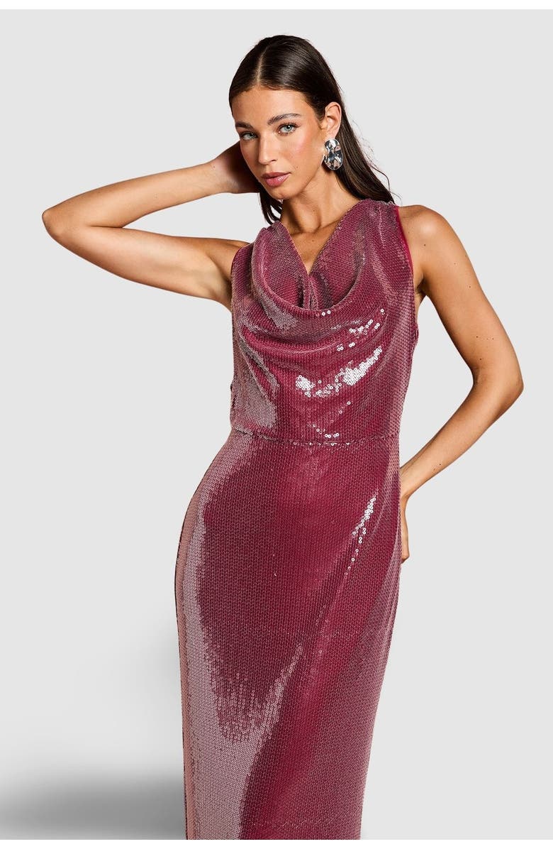 Coast Cowl Front Halter Sequin Maxi Dress, Alternate, color, Plum