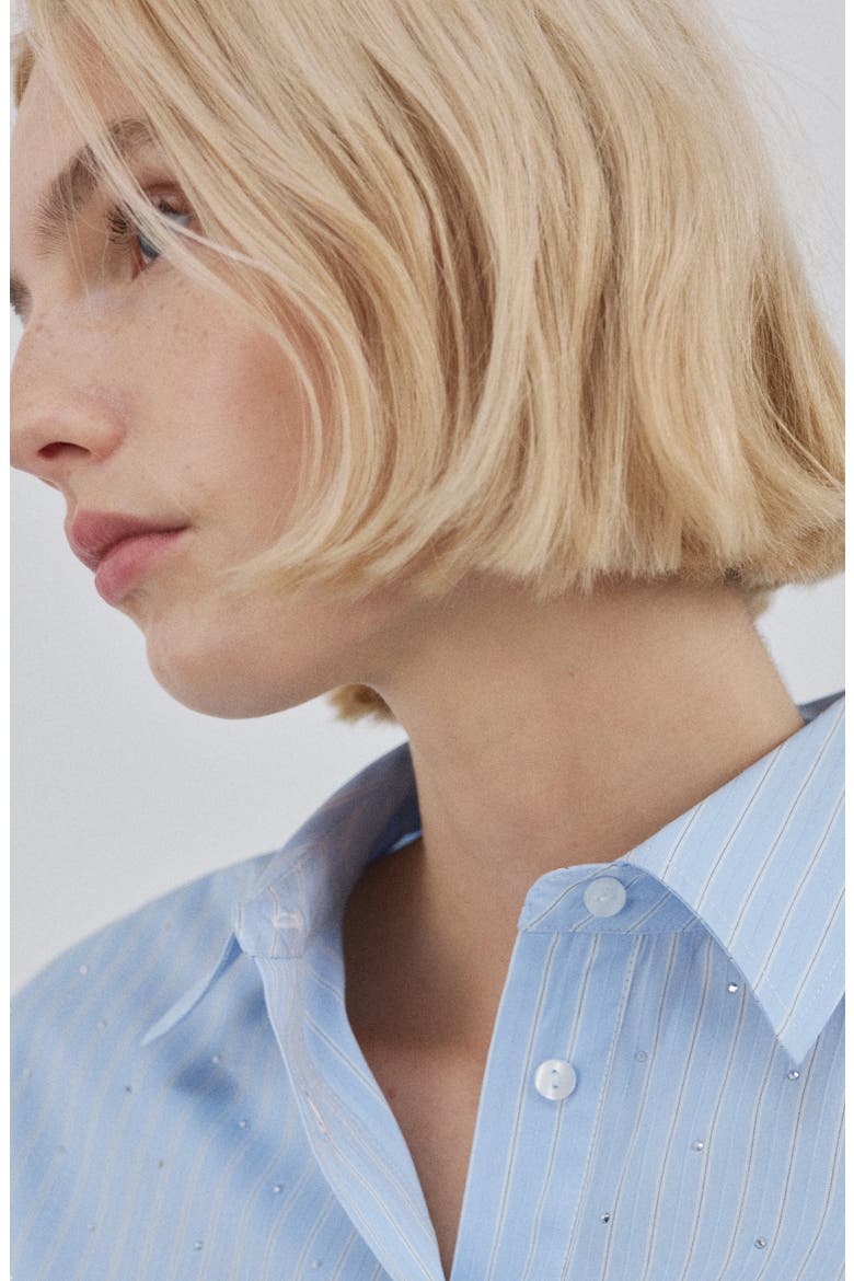 Rhinestone Detail Stripe Cotton Blend Button-Up Shirt, Alternate, color, SKY BLUE