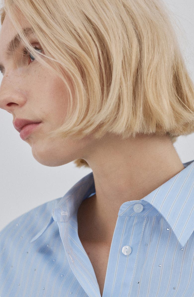 MANGO Rhinestone Detail Stripe Cotton Blend Button-Up Shirt, Alternate, color, Sky Blue