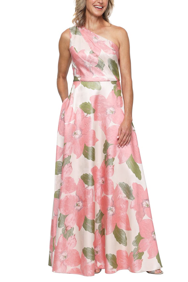 Print Jacquard One-Shoulder Gown, Main, color, CORAL