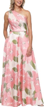 Alex Evenings Print Jacquard One-Shoulder Gown