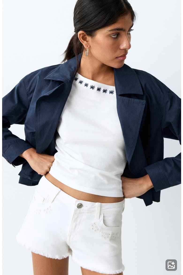 Embroidered Eyelet Detail Stretch Denim Shorts, Alternate, color, WHITE