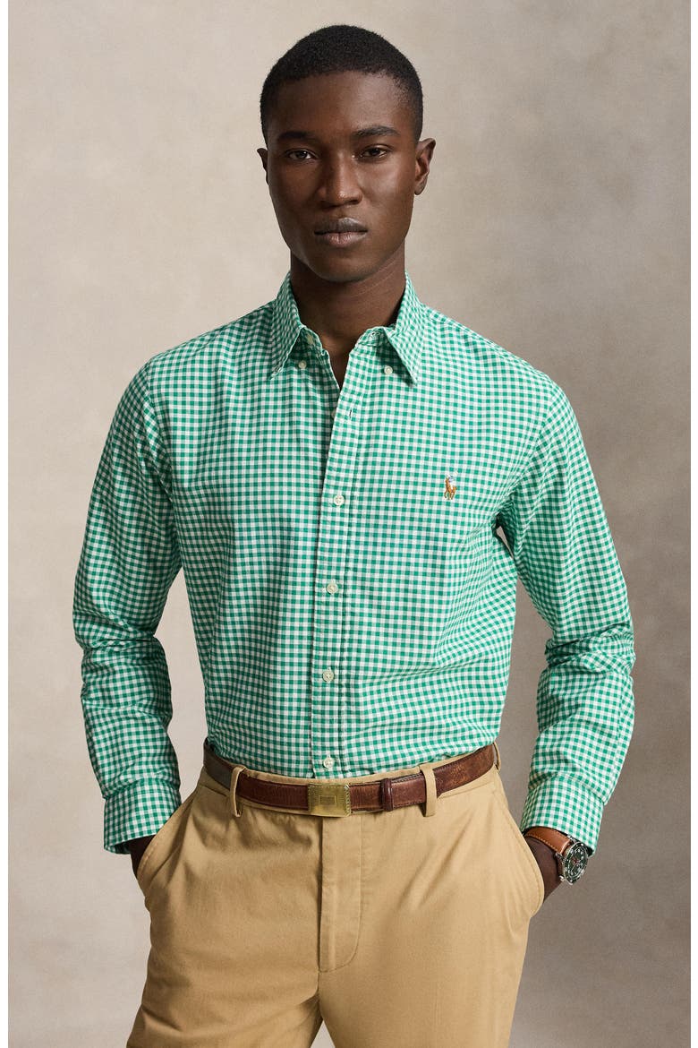 Gingham Long Sleeve Oxford Shirt, Alternate, color, GRN/ WHITE