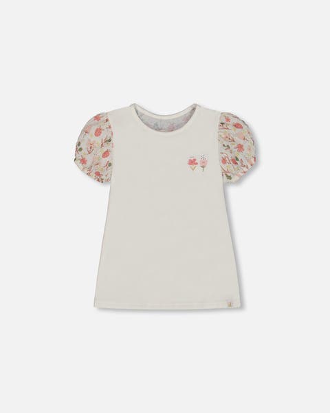 Girl's Bi-Material Organic Cotton Top With Puff Sleeve Pink Flowers On Cream Background
