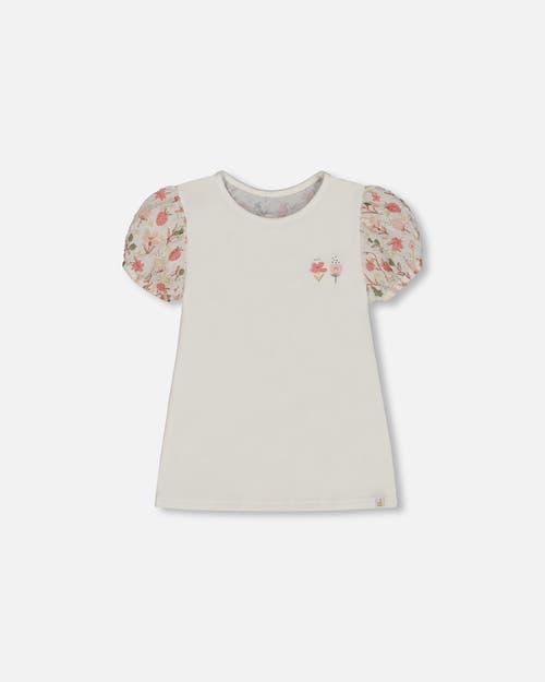 Deux Par Deux Girl's Bi-material Organic Cotton Top With Puff Sleeve Pink Flowers On Cream Backgroun In Pink Flowers On Cream