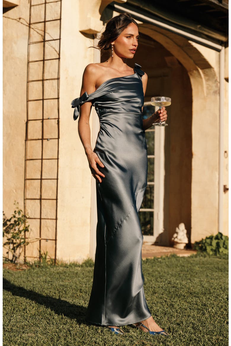 Selma One-Shoulder Satin Gown, Alternate, color, STEEL GRAY