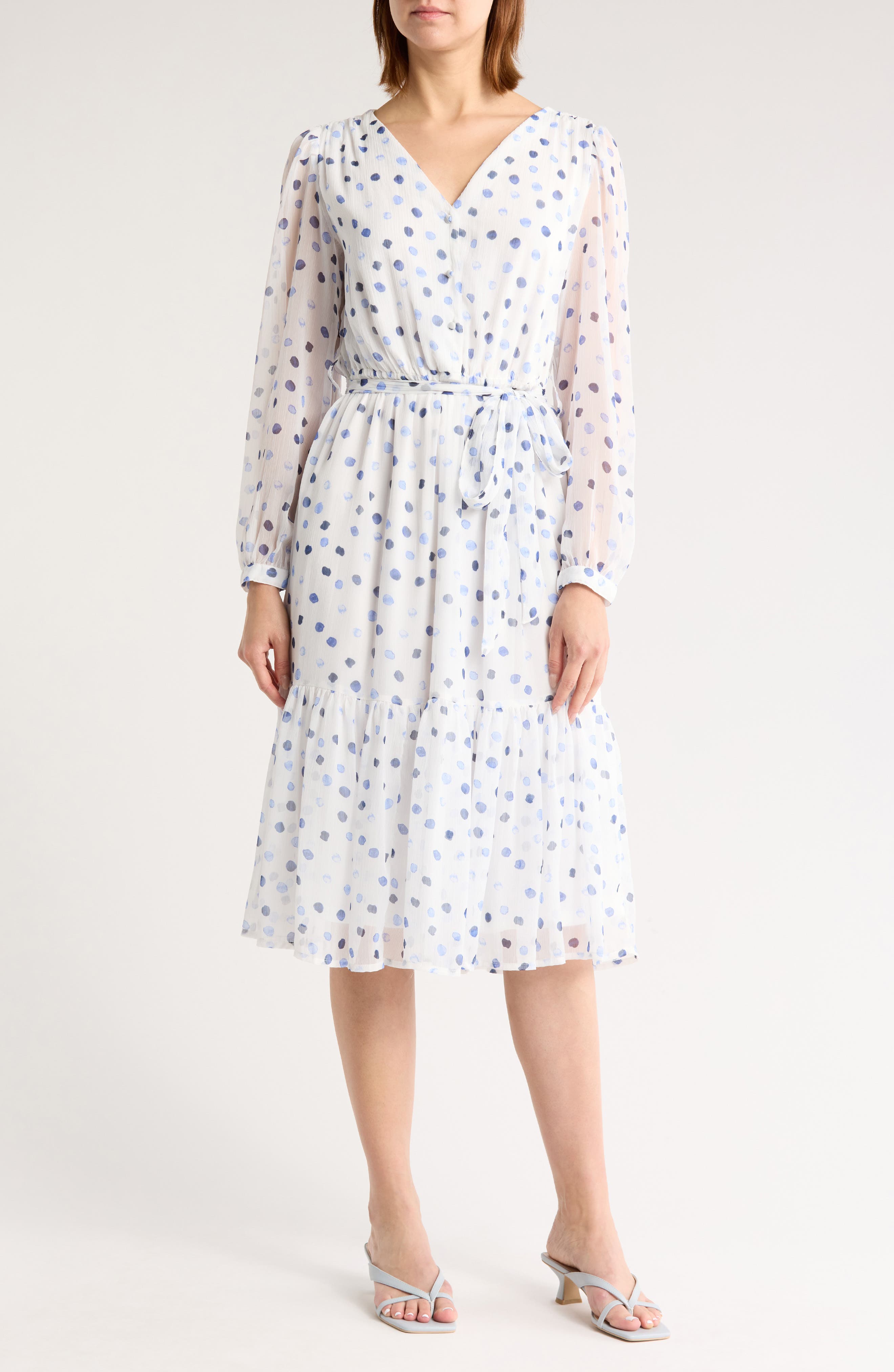 DKNY Polka Dot Long Sleeve Chiffon Midi Dress