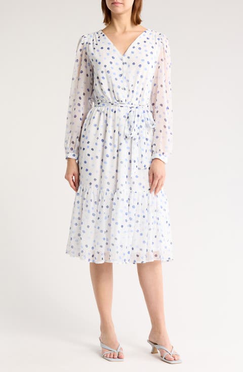 Polka Dot Long Sleeve Chiffon Midi Dress