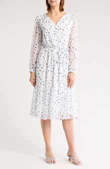 DKNY Polka Dot Long Sleeve Chiffon Midi Dress