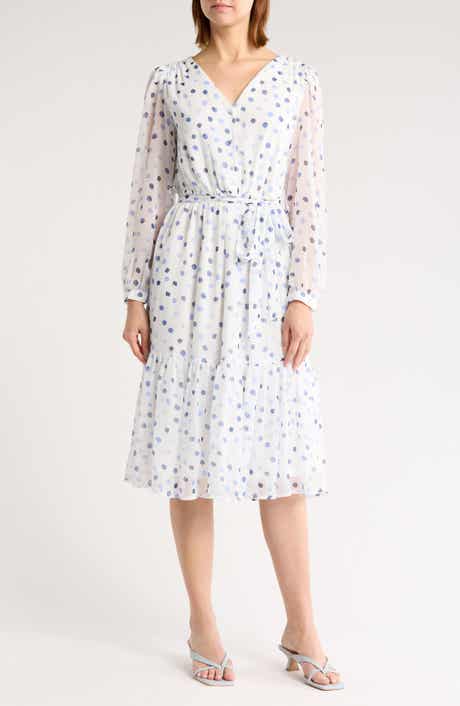 DKNY Polka Dot Long Sleeve Chiffon Midi Dress