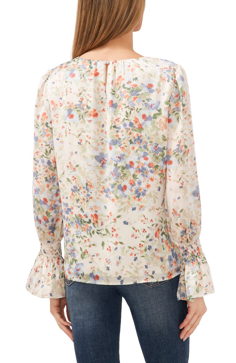 CeCe Floral Ruffle Cuff Charmeuse Top, Alternate, color, Egret