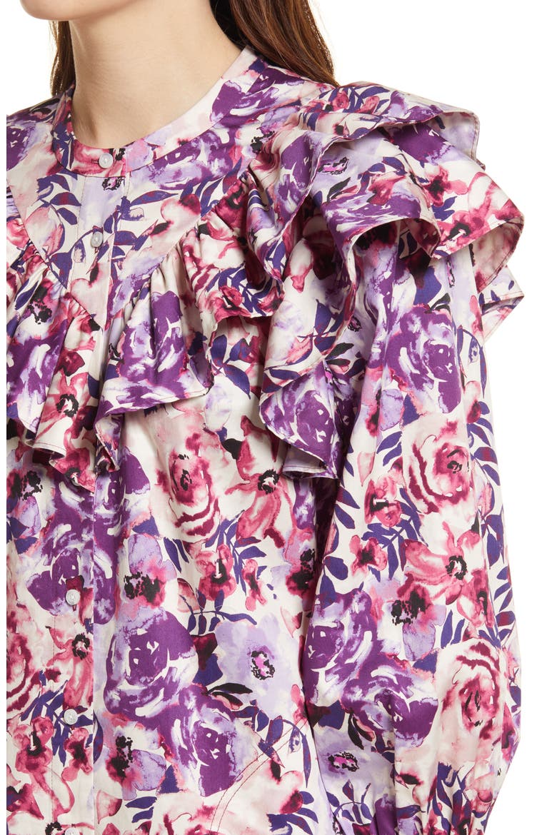 Floral Print Ruffle Shift Dress, Alternate, color, PURPLE COMBO