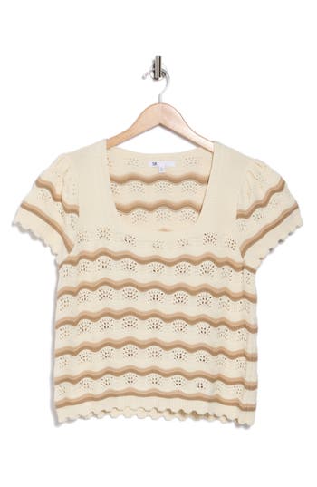 Dr2 By Daniel Rainn Wavy Stripe Short Sleeve Crop Sweater In Tan