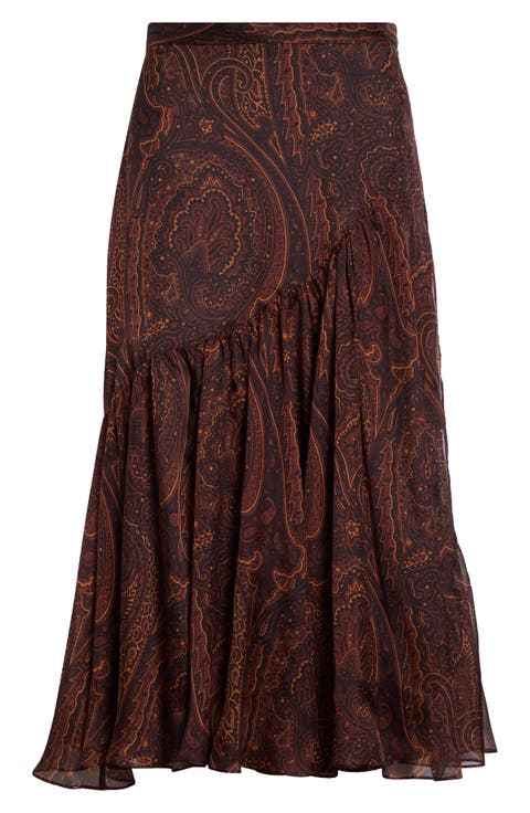 Paisley Print Asymmetric Silk Skirt