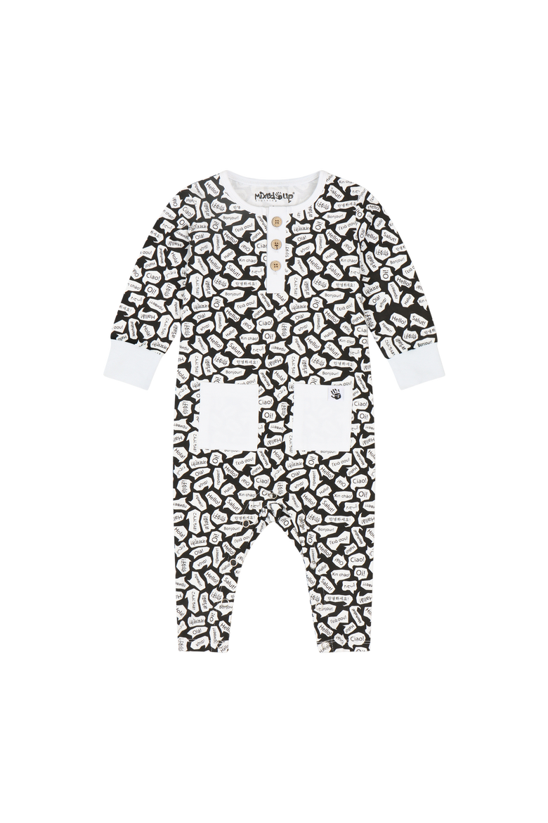 Baby Jumpsuit Romper, Main, color, Black/White/Hello