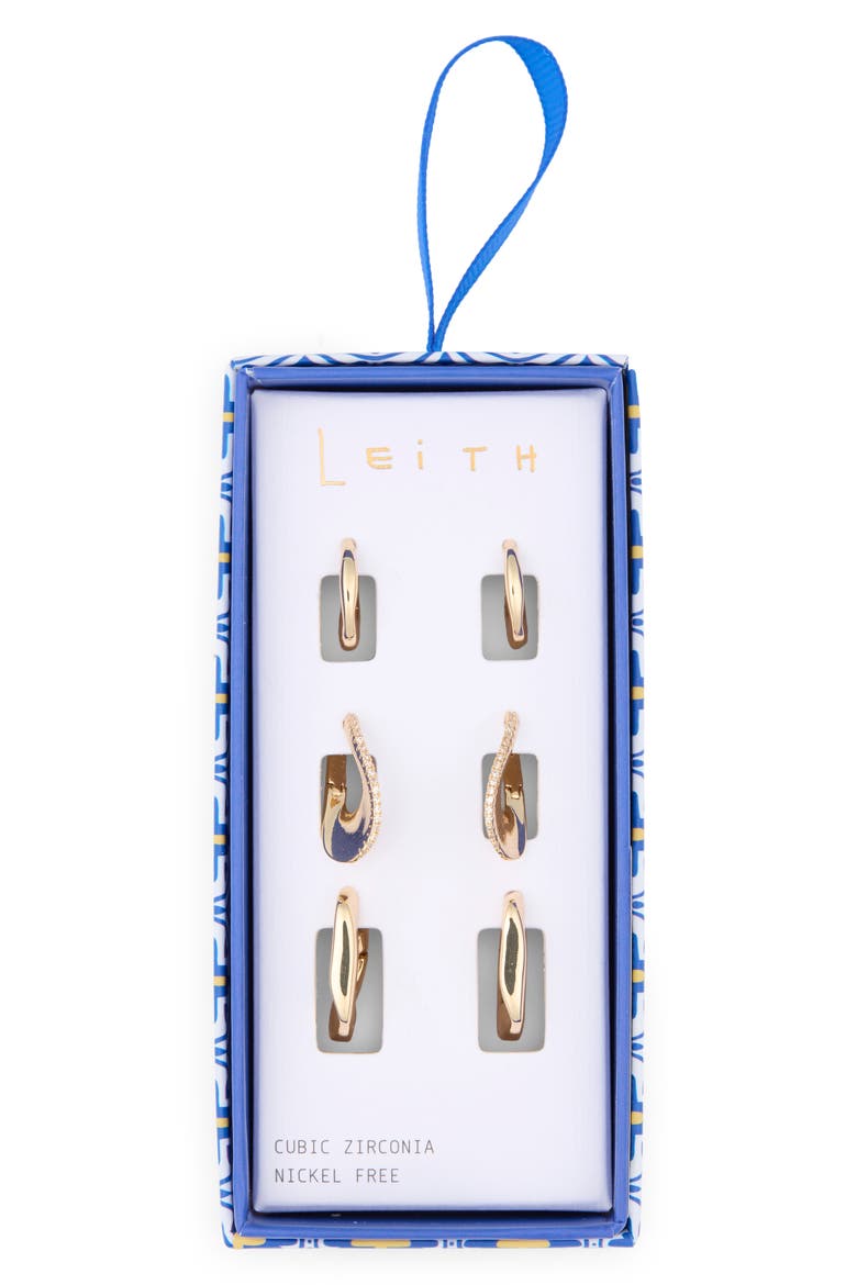 Set of 3 Cubic Zirconia Wavy Huggie Hoop Earrings, Main, color, CLEAR- GOLD
