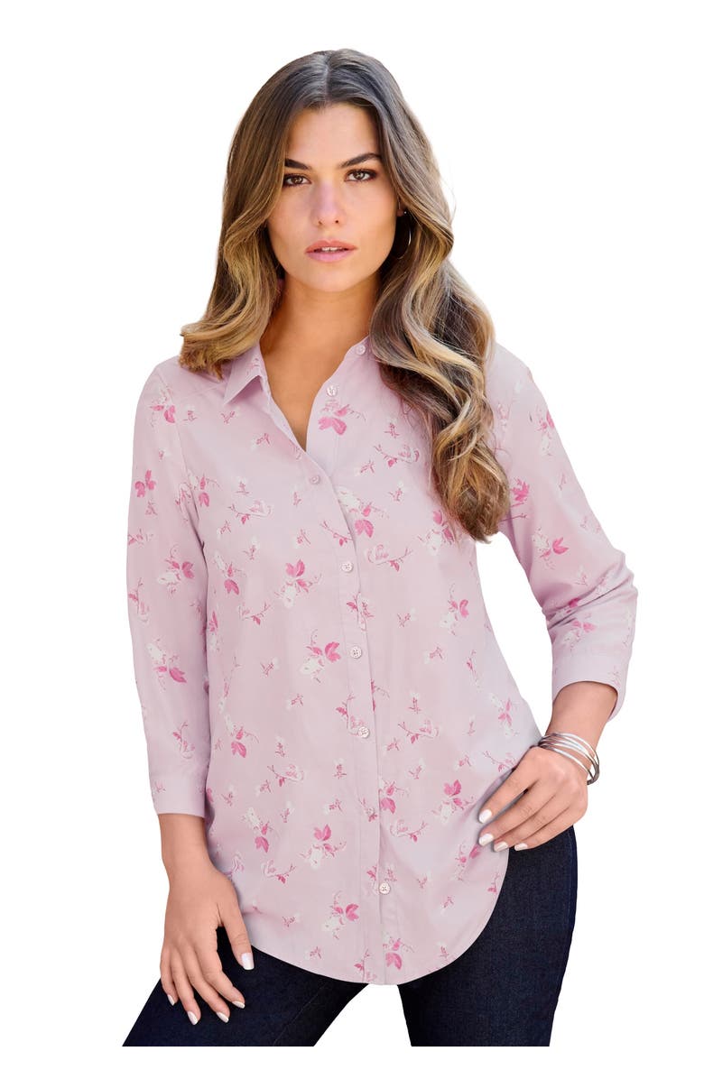 Roaman's Plus Size Kate Long Sleeve Easy Cotton-Blend Button-Front Shirt, Main, color, Lavender Pretty Floral