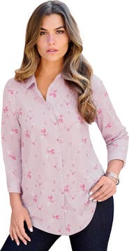 Roaman's Plus Size Kate Long Sleeve Easy Cotton-Blend Button-Front Shirt