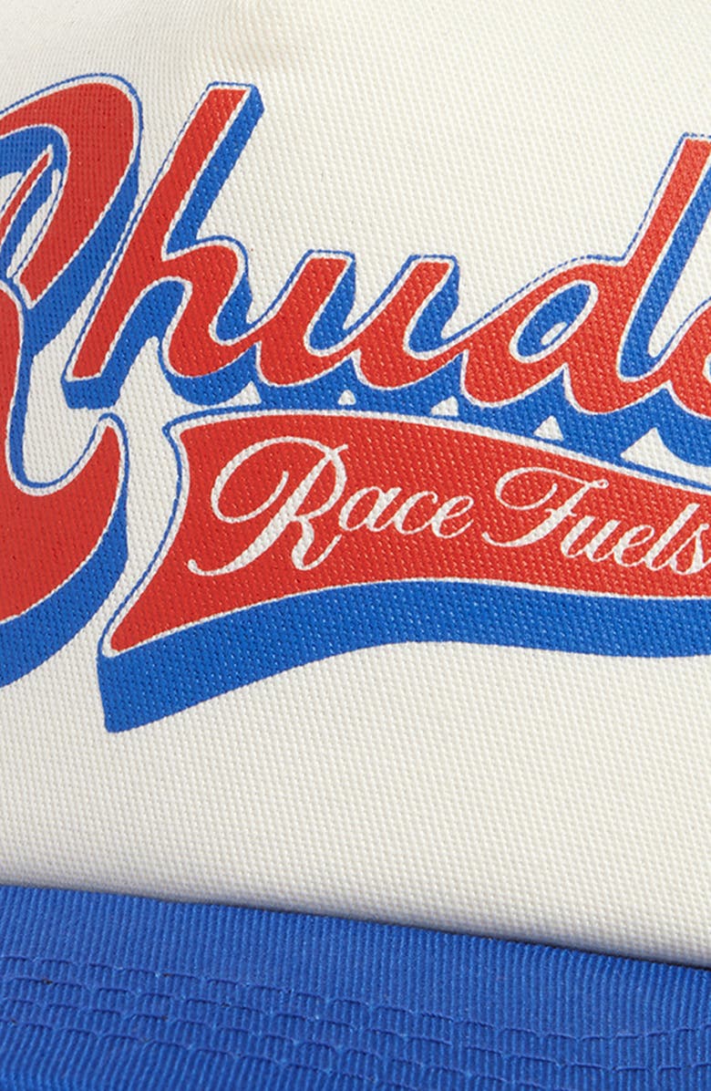 Rhude Pit Stop Twill Trucker Hat, Alternate, color, White / Blue / Red