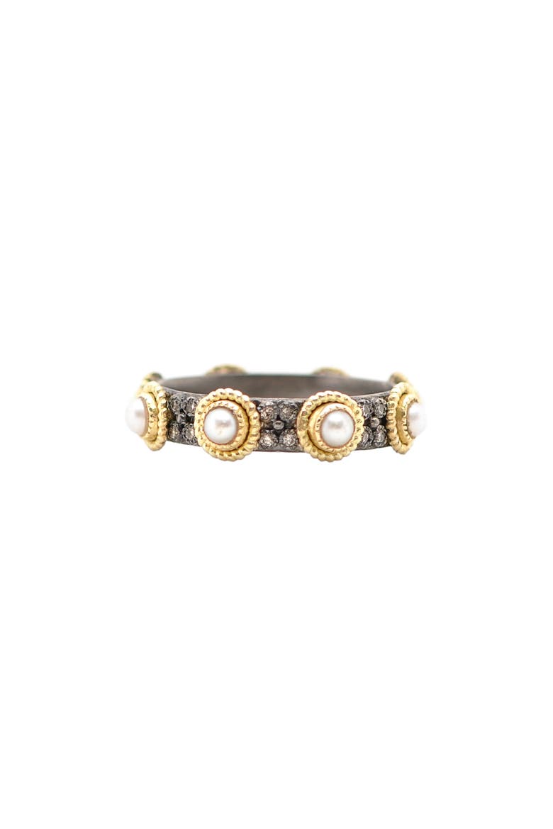 Old World Freshwater Pearl Station Band Ring, Main, color, PEARL/ SILVER/ YELLOW GOLD