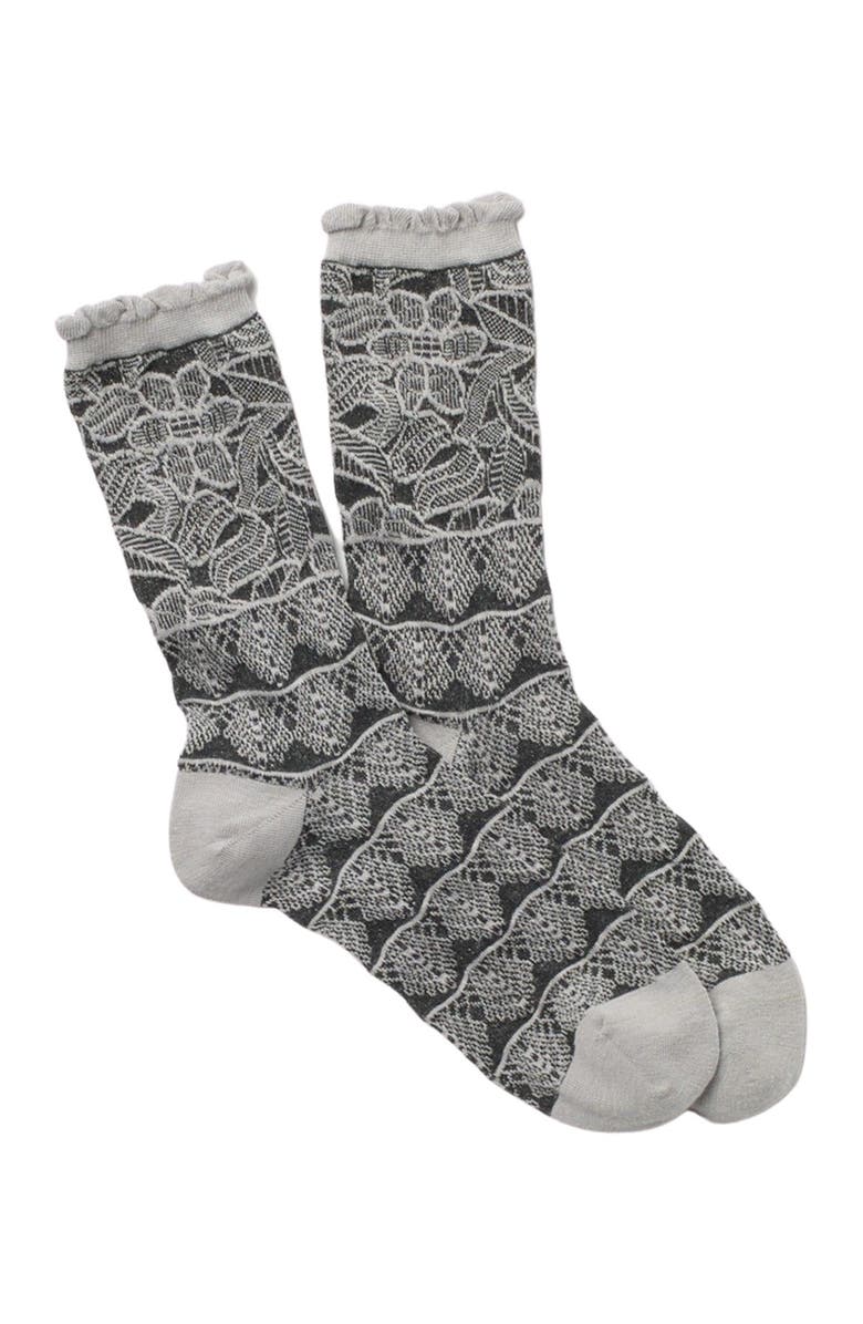 Natori Lace Trellis Crew Socks, Main, color, Light Gray Heather