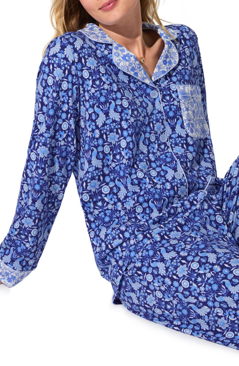 BedHead Pajamas Print Long Sleeve Stretch Organic Cotton Jersey Pajamas, Alternate, color, Bloomscape Blue