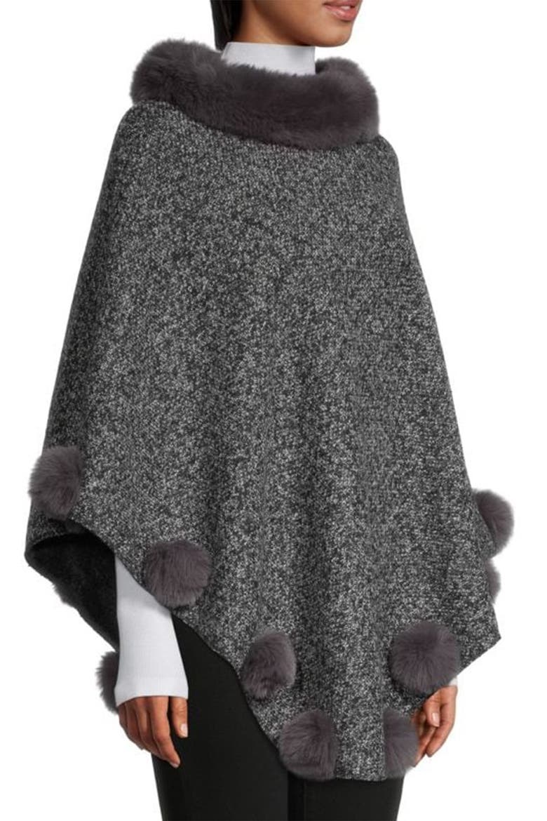 Posey Faux Fur Pompom Adorned Poncho, Alternate, color, GREY