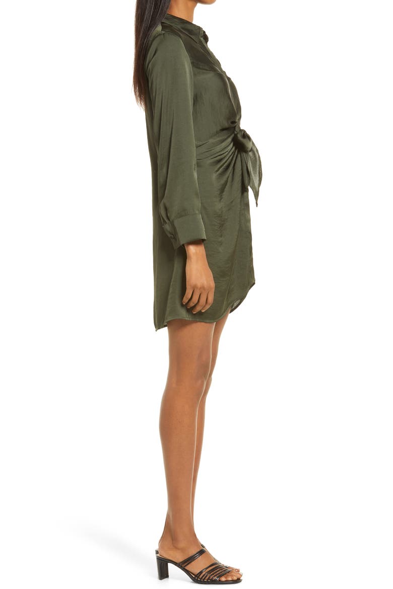 Tie Waist Long Sleeve Satin Shirtdress, Alternate, color, BOTTLE GREEN