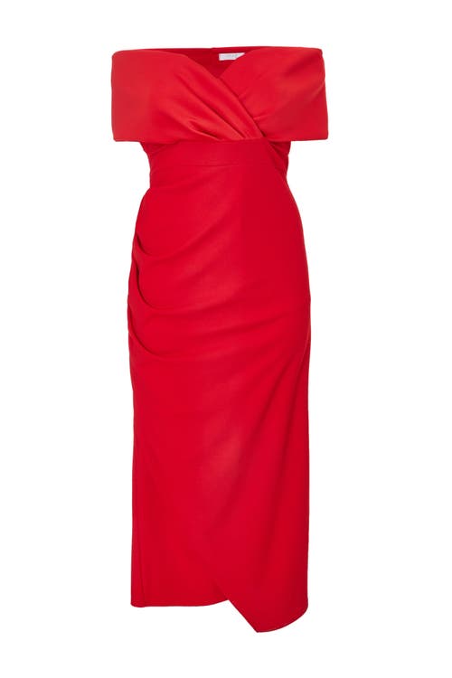 Quiz Plus Size Scuba Crepe Bardot Wrap Maxi Dress In Red