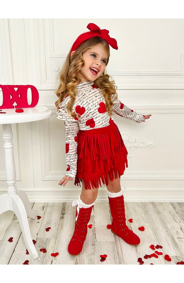 Mia Belle Girls My Love Language Top and Fringe Skirt Set, Alternate, color, Red