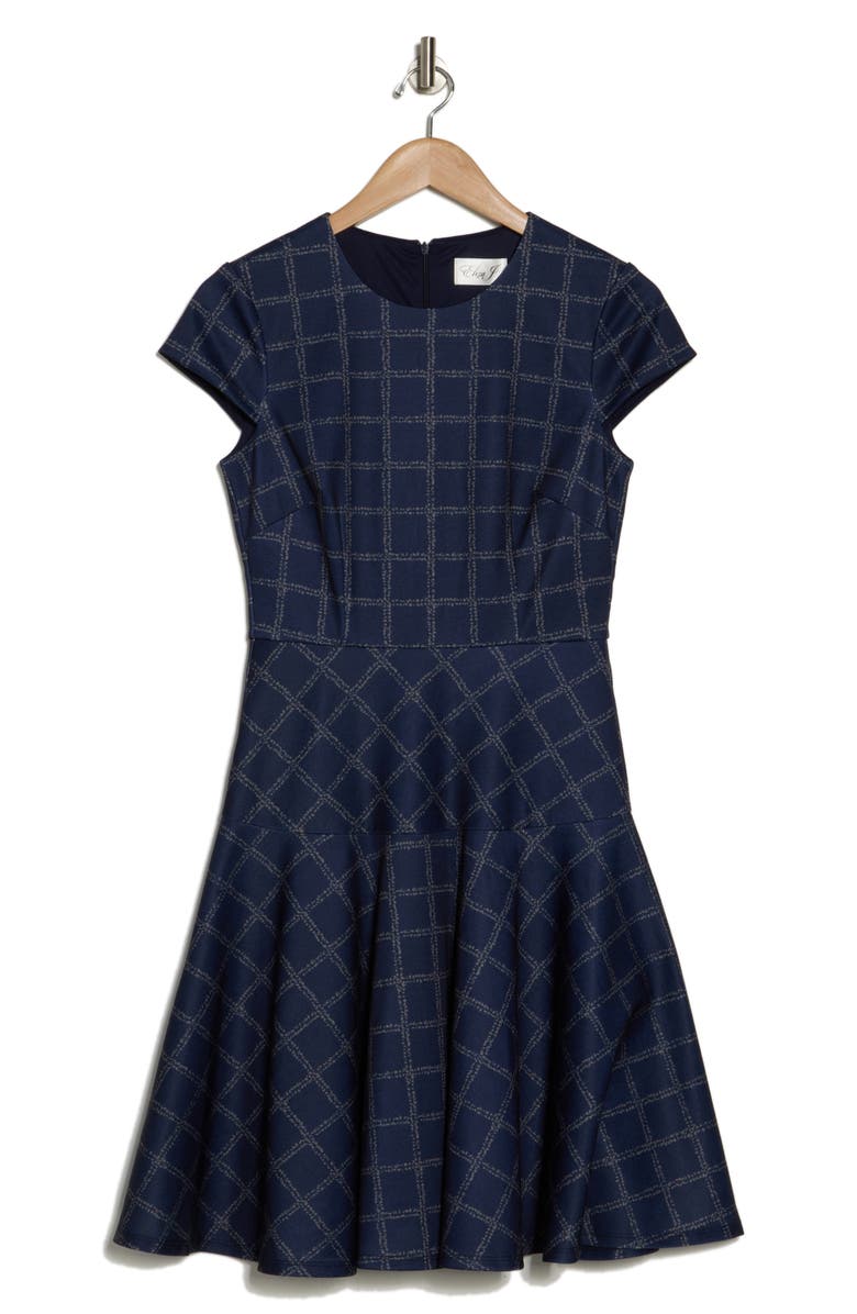 Eliza J Windowpane Print Cap Sleeve Fit & Flare Dress, Alternate, color, Navy