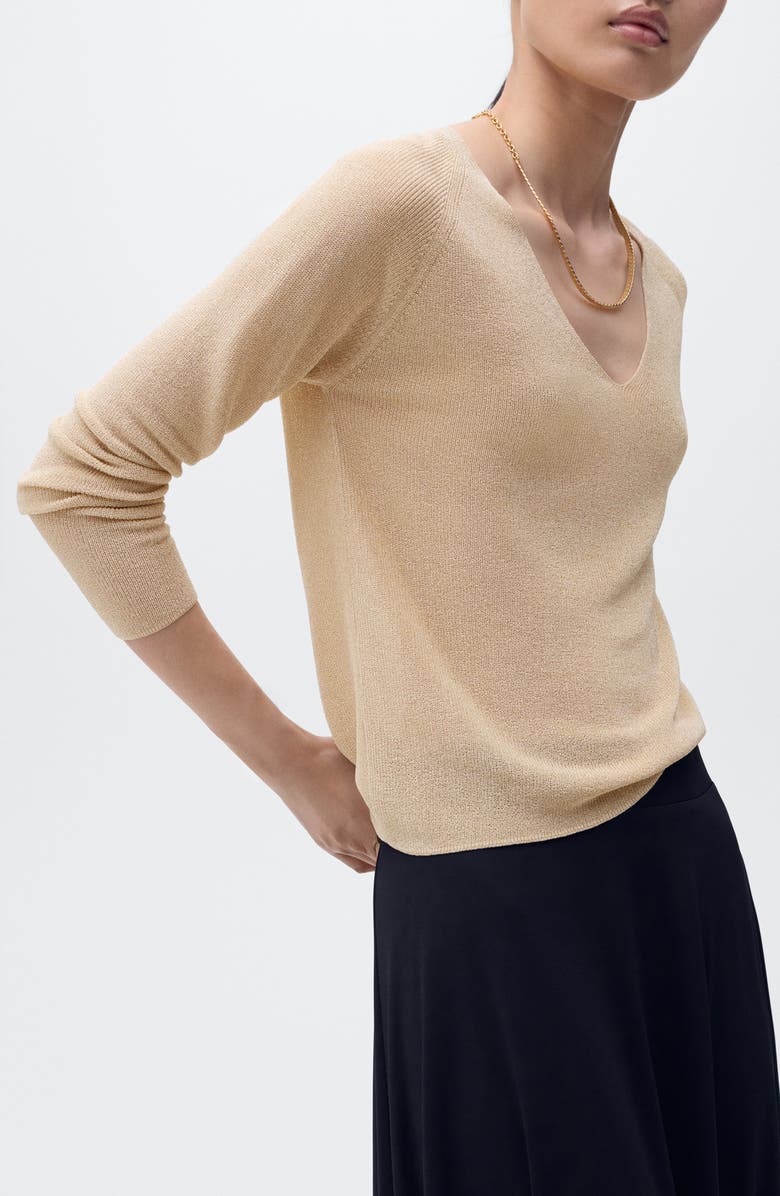 MANGO Metallic V-Neck Sweater, Main, color, Gold