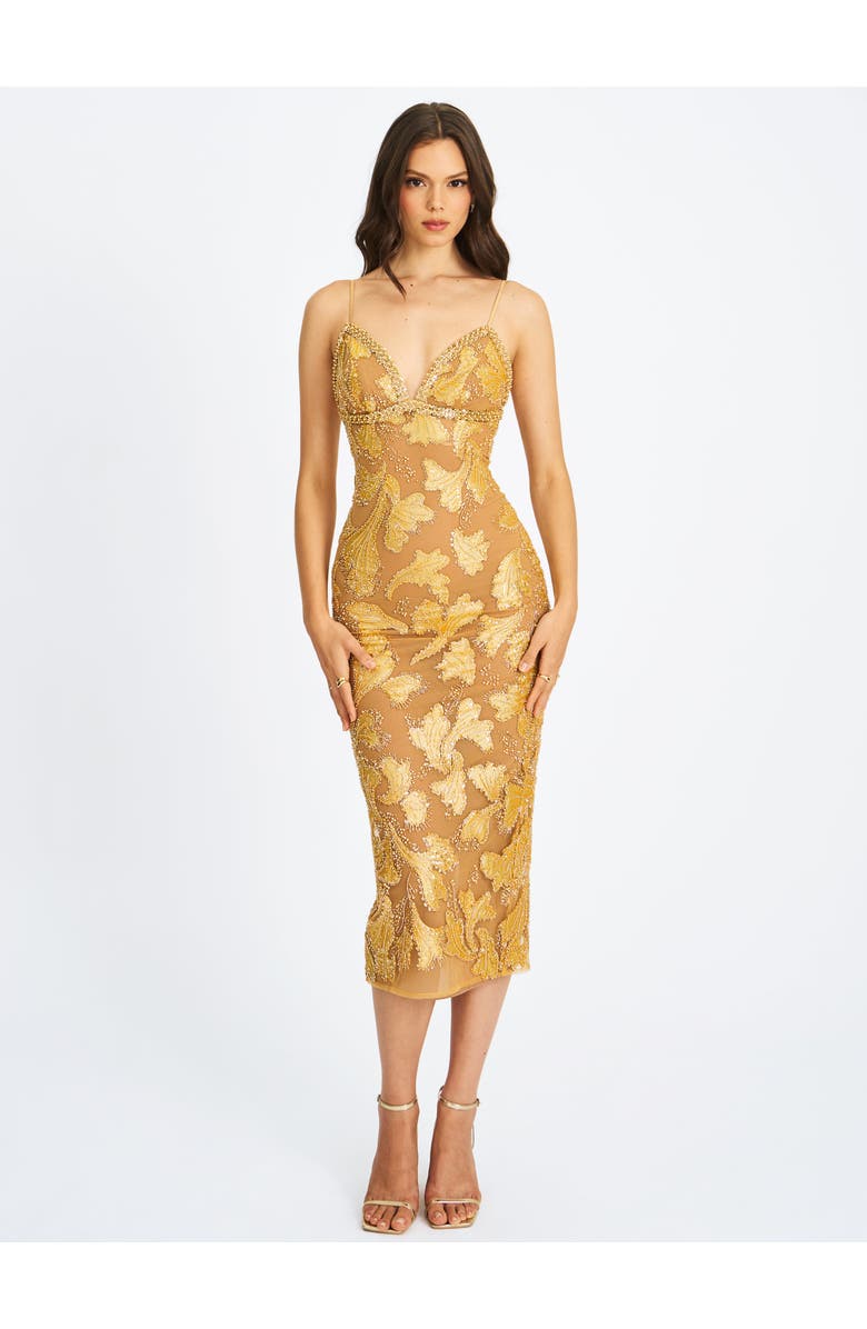 Miss Circle Edie Beaded Sequin Midi Pencil Dress, Main, color, Golden Bronze