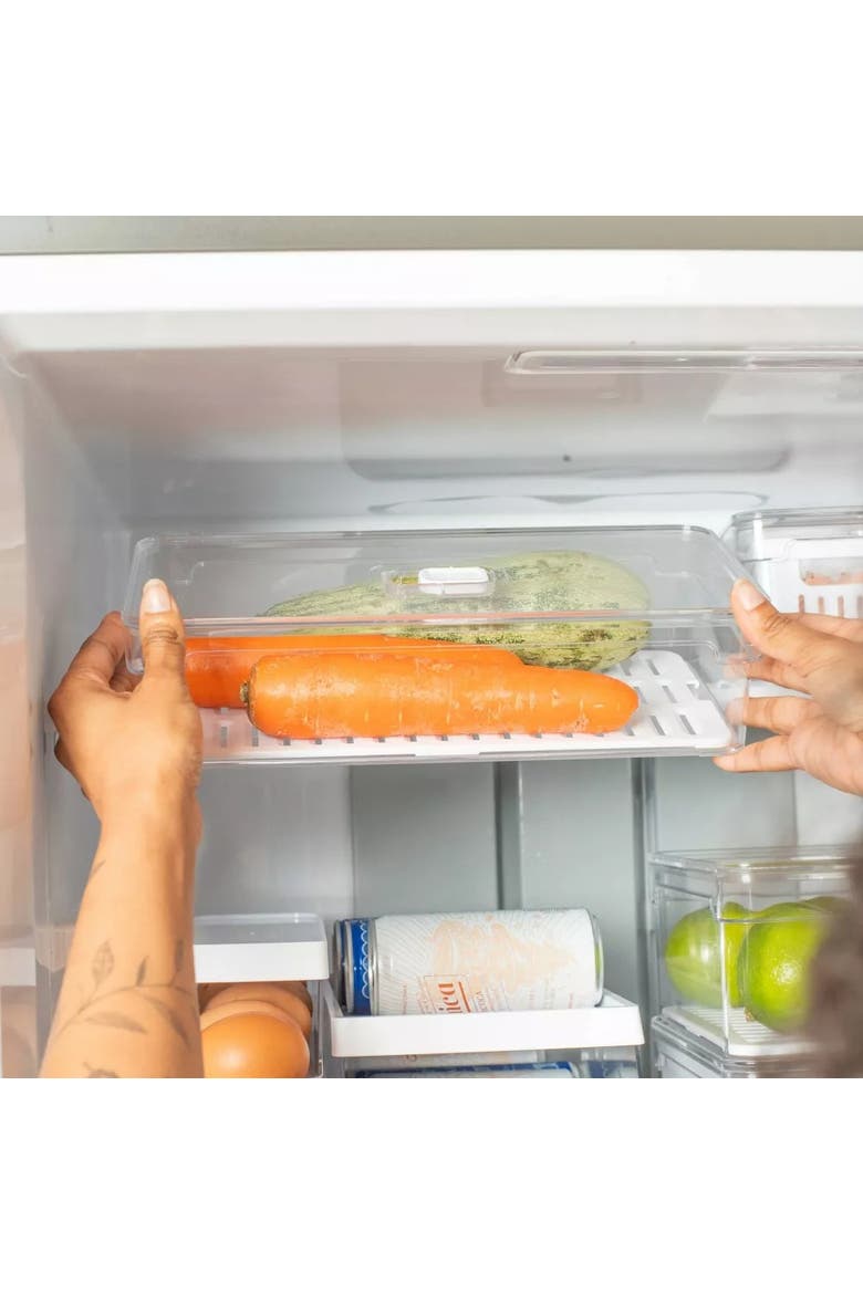 Clear Stackable Fridge Organizer Bin with Drain Tray and Vented Lid, 11.8 Inch Depth, Alternate, color, Clear with White Drainer