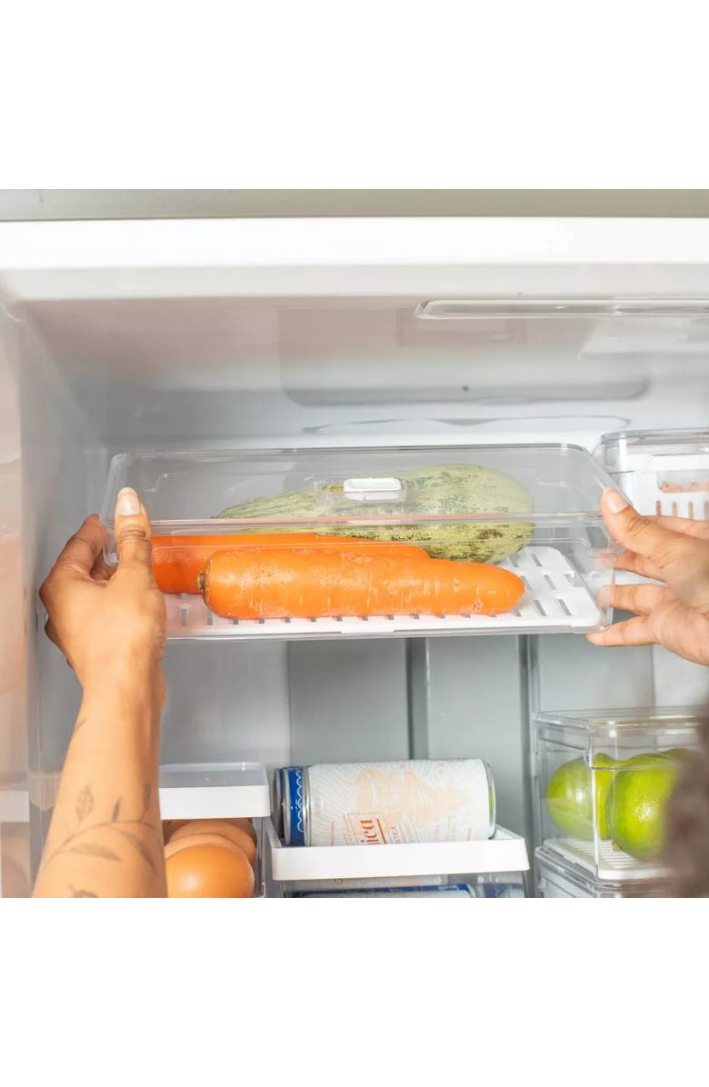 OU Clear Stackable Fridge Organizer Bin with Drain Tray and Vented Lid, 11.8 Inch Depth, Alternate, color,
