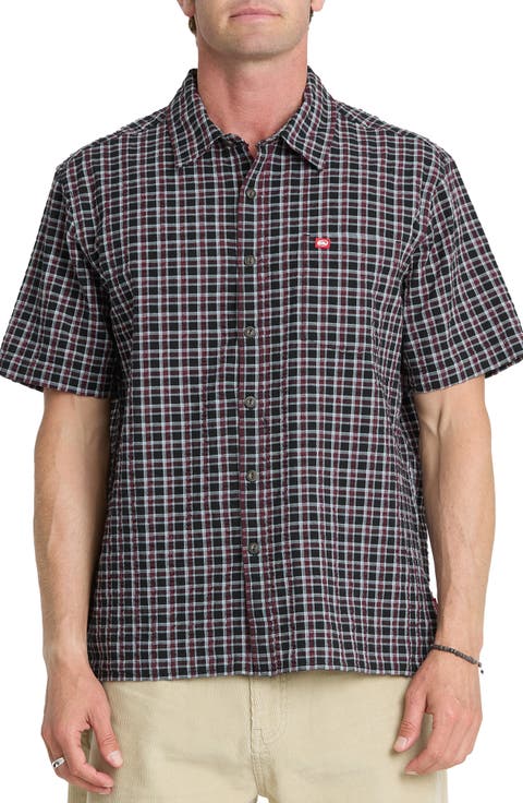 YG Oversize Plaid Short Sleeve Seersucker Button-Up Shirt