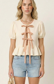 Modenaire Puff-Sleeve Bow-Tie Front Peplum Blouse