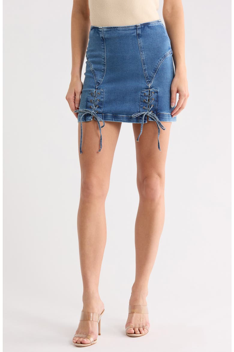 Dolly Lace Up Denim Miniskirt, Main, color, INDIGO1090