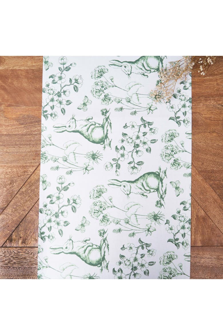 Spring Greens Easter Bunny Toile 100% Cotton Table Runner 14" x 72", Alternate, color, Green