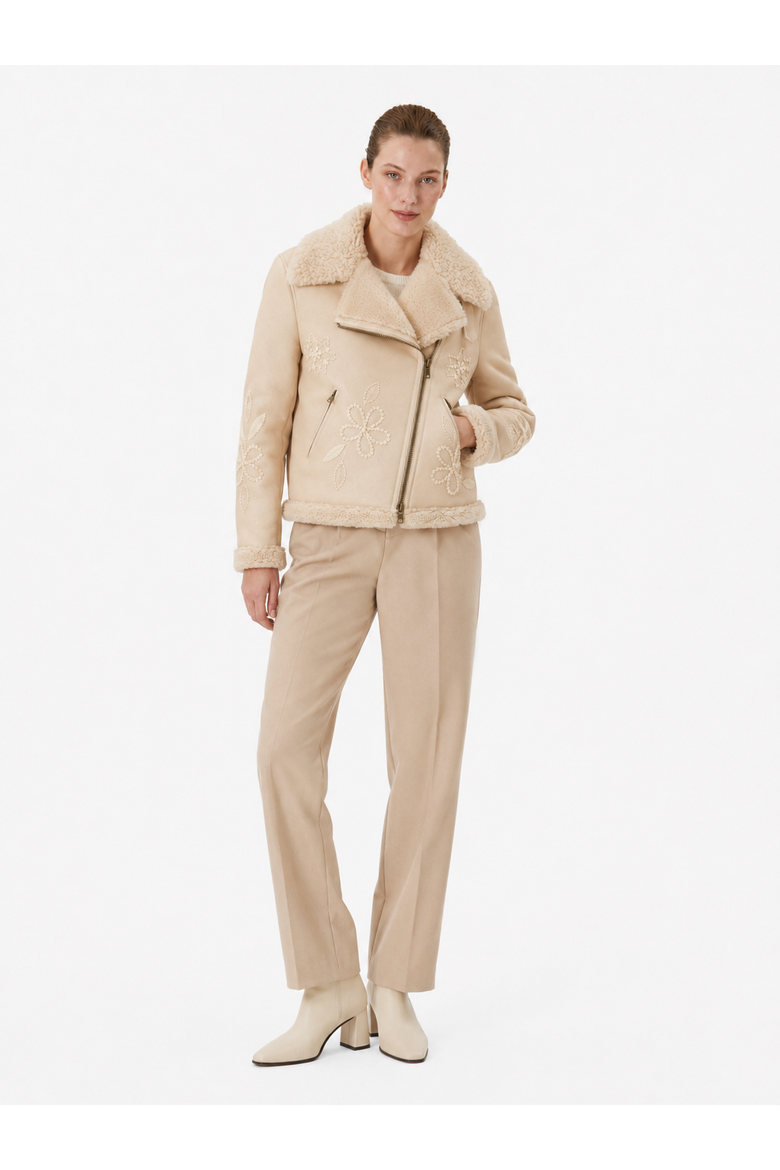 Sonor Embroidered Merino Curly Shearling Biker Jacket, Alternate, color, Chalk