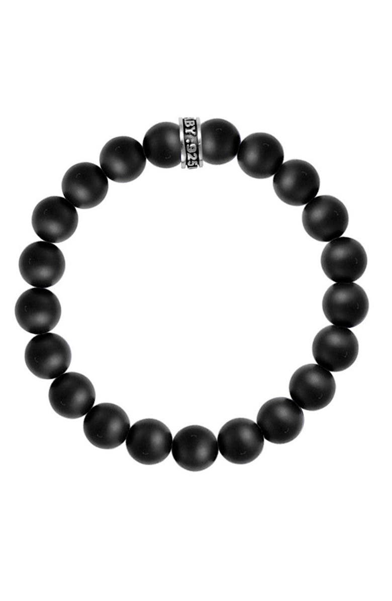 King Baby Studio 10mm Black Onyx Beaded Bracelet with Logo Ring, Main, color, Silver
