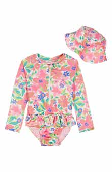 Roxy Kids' Ruffled Long Sleeve One-Piece Rashguard Swimsuit & Hat Set