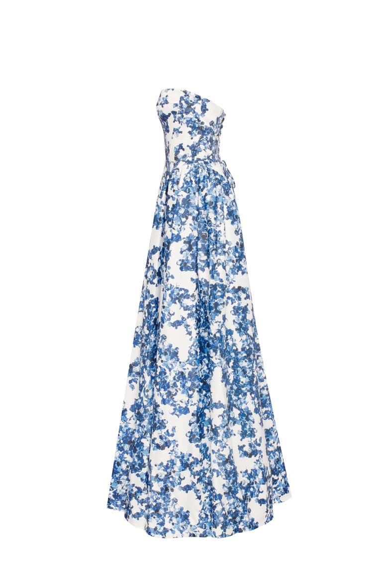 Blue Floral Strapless Maxi Evening Gown with Corset Bodice, Alternate, color, Blue