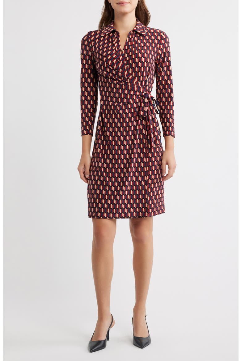 Geo Print Knit Wrap Dress, Main, color, RUST MULTI