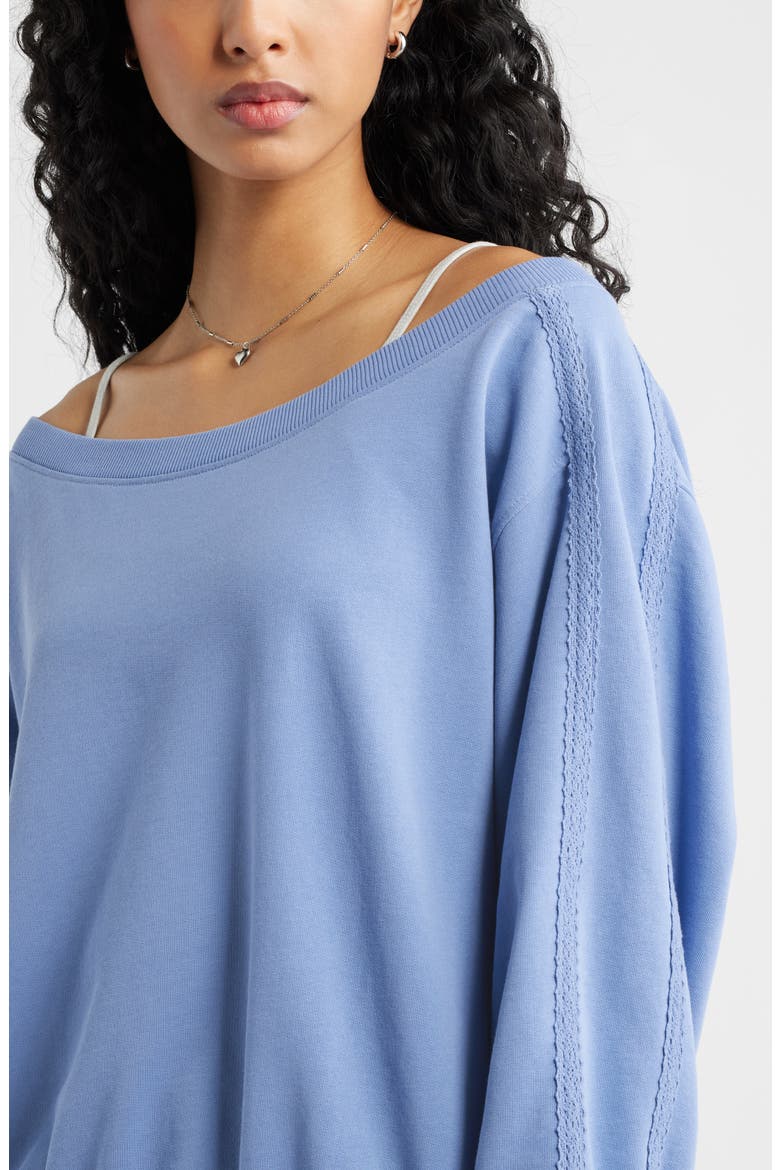 Lace Trim Off the Shoulder Cotton Blend Sweatshirt, Alternate, color, BLUE FROST