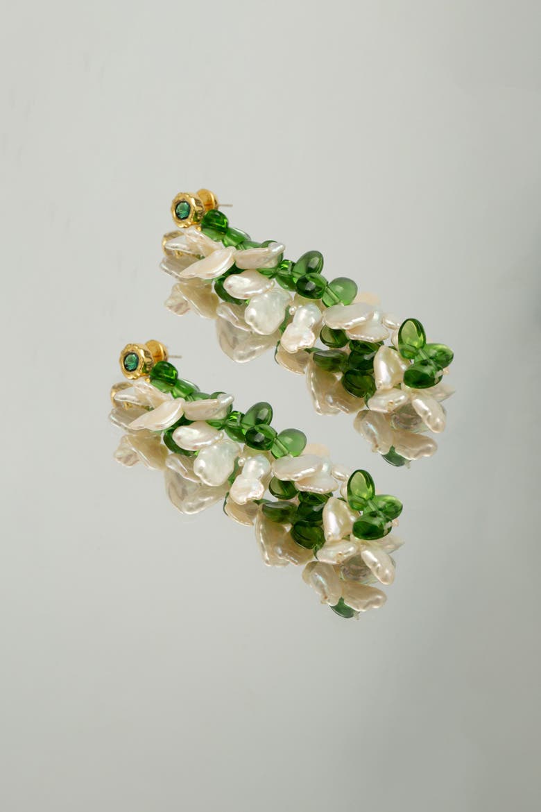 Midori Pearl Petal & Peridot Tassel Earrings, Main, color, Gold/Green